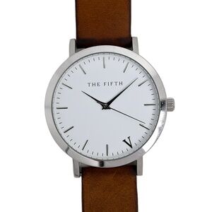 The Fifth Men's Classic White Dial Watch Quartz 43mm Genuine Brown Leather